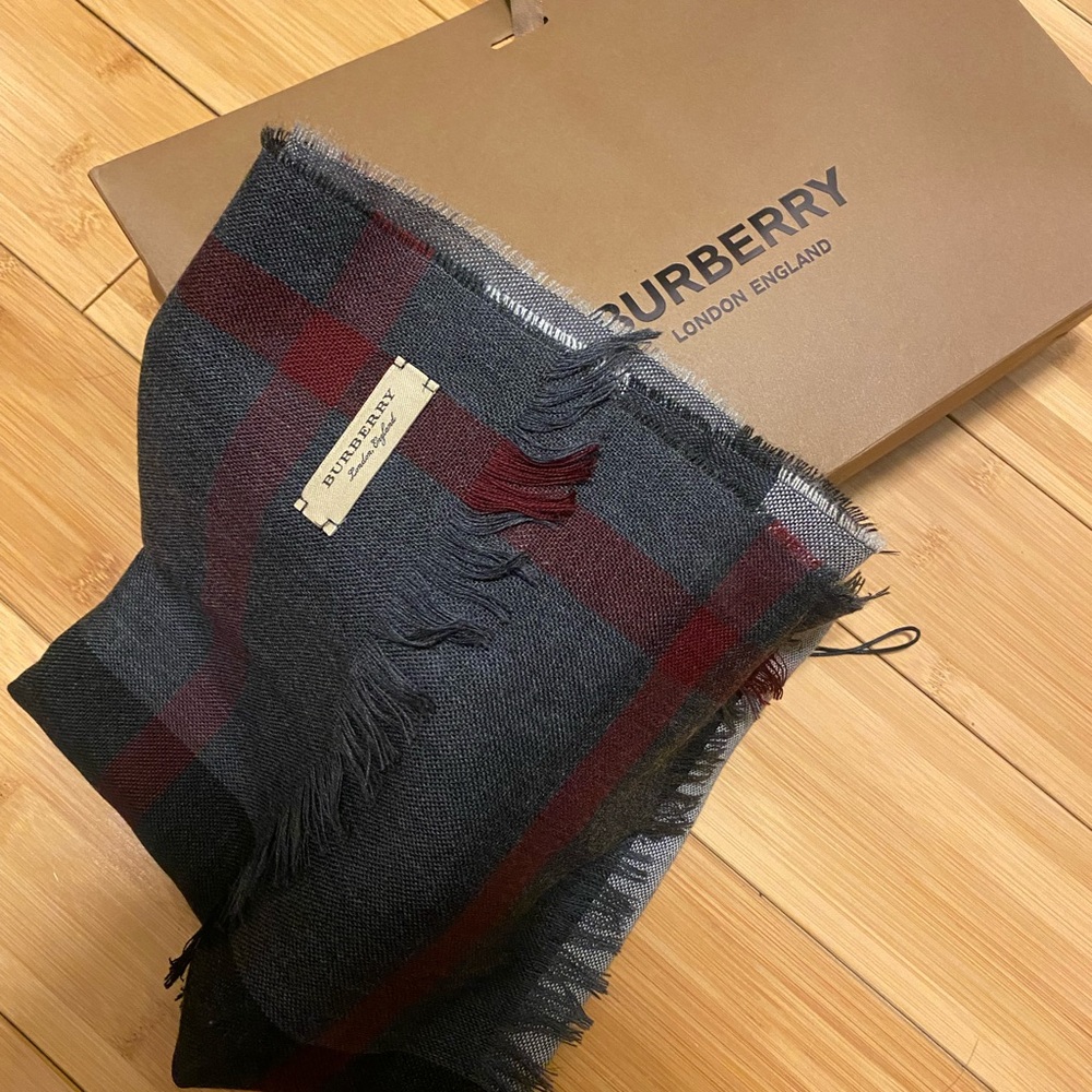 Burberry Charcoal & Burgundy Plaid Lightweight Giant Check Wool & Silk Scarf